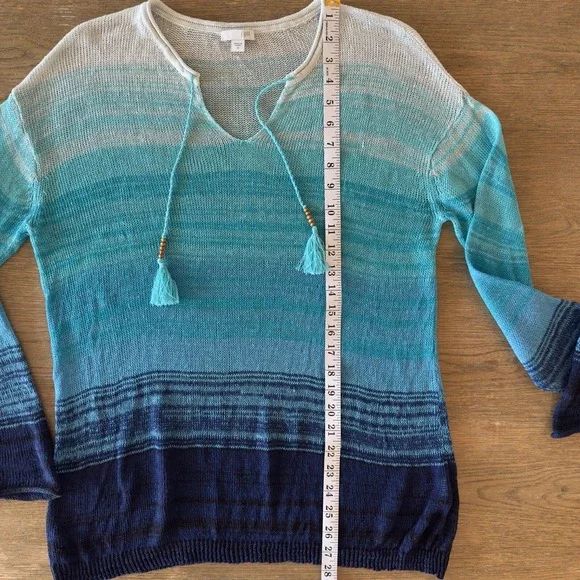 J.JILL 100% Linen‎ Open Knit Blue/Aqua Ombre Tunic-V-neck Tassels-Size M - Picture 7 of 16